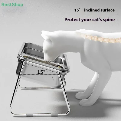 ♥Stainless Steel Double Compartment Pet Feeding Bowl Slanted Anti Cervical Spondylosis For Cats And Dogs Dual Use Feeder